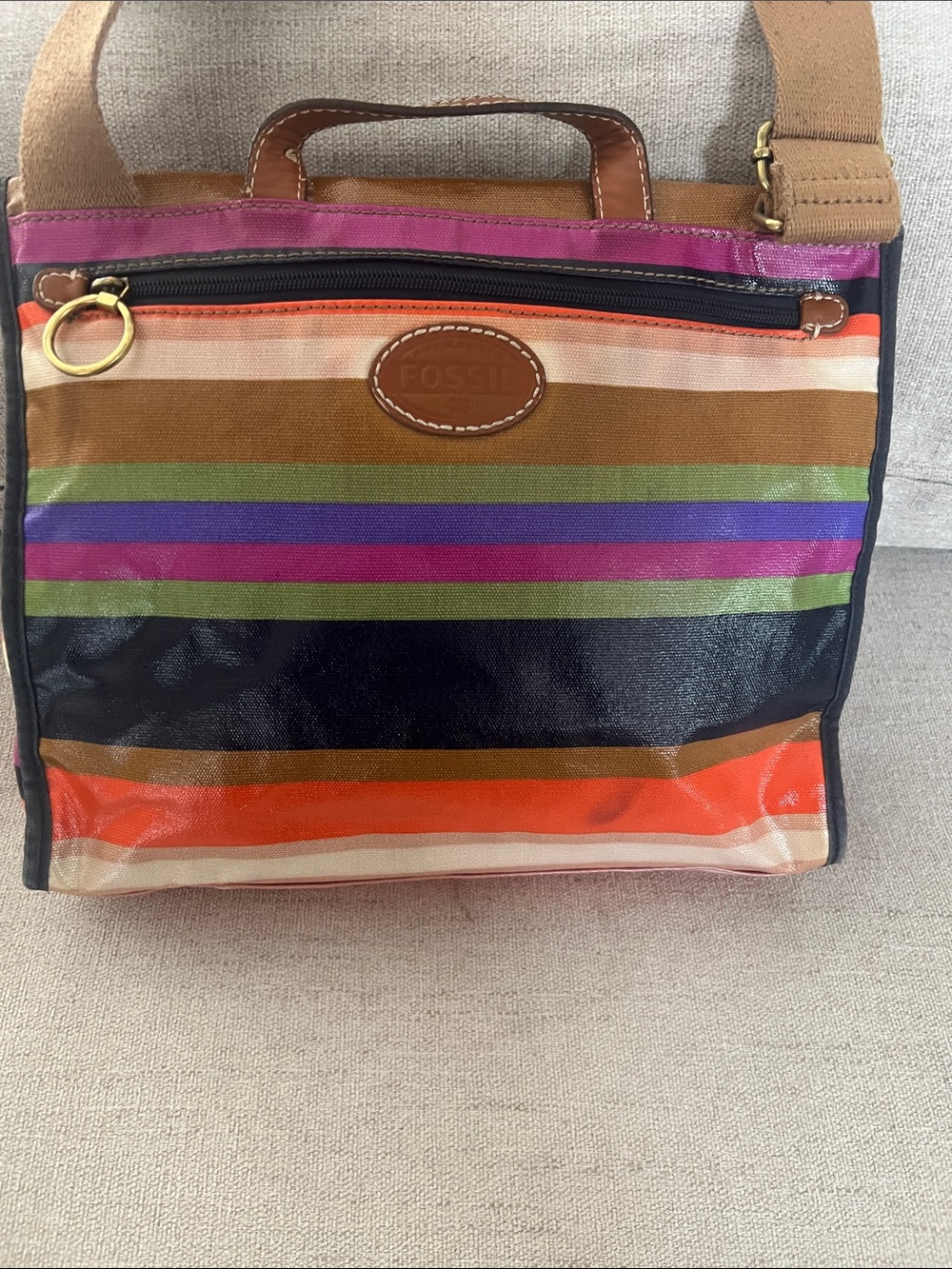 Fossil Key-Per multicolored striped coated canvas crossbody bag . - Picture 3 of 7